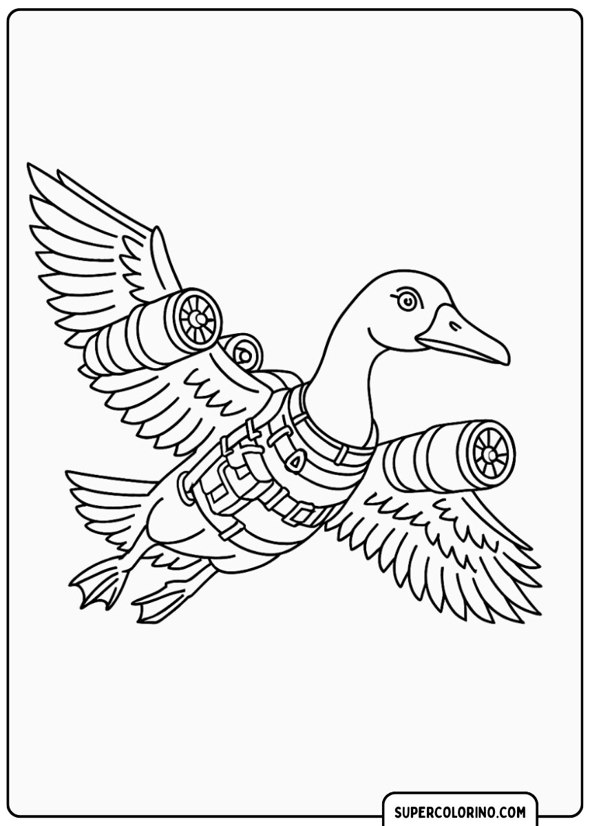 Een hybride gans met een gevechtsvliegtuig, bewapend met bommen.