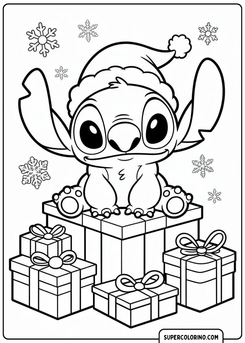 Stitch assis au sommet d’une pile de cadeaux de Noël