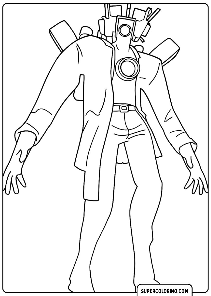 Coloriage d'un Grand Orateur des Toilettes Skibidi, une figure humanoïde avec plusieurs haut-parleurs sur la tête, les épaules et la poitrine.