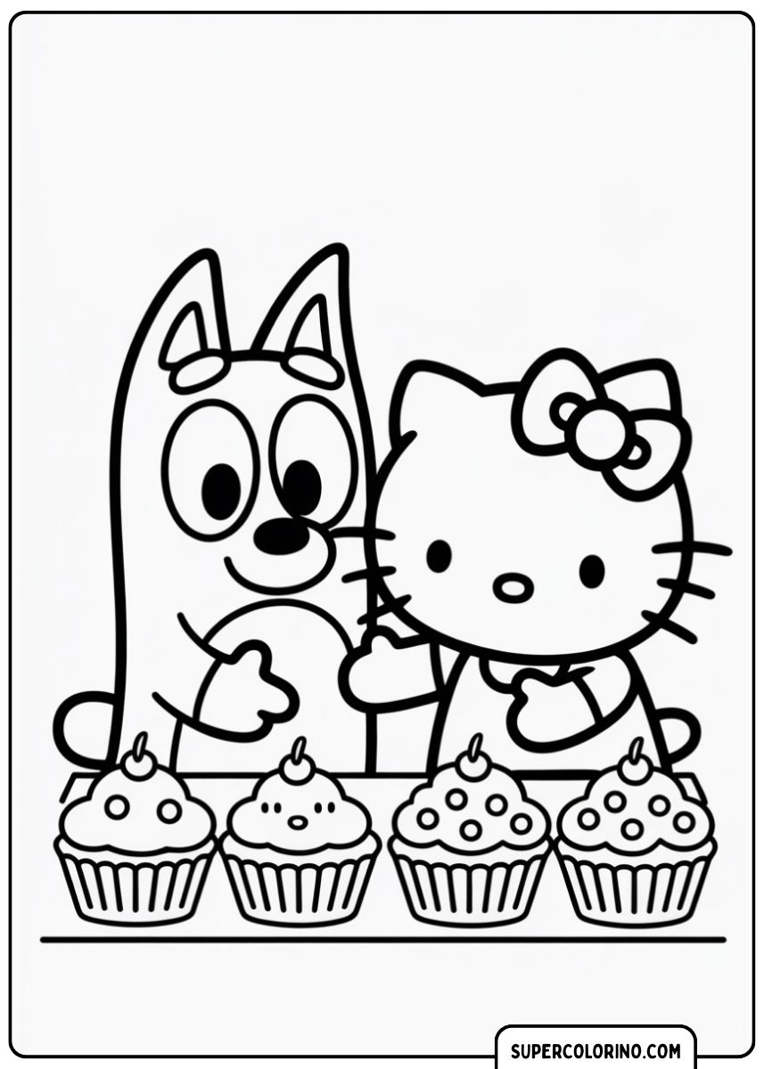 Bluey e Hello Kitty preparano insieme una torta in cucina.