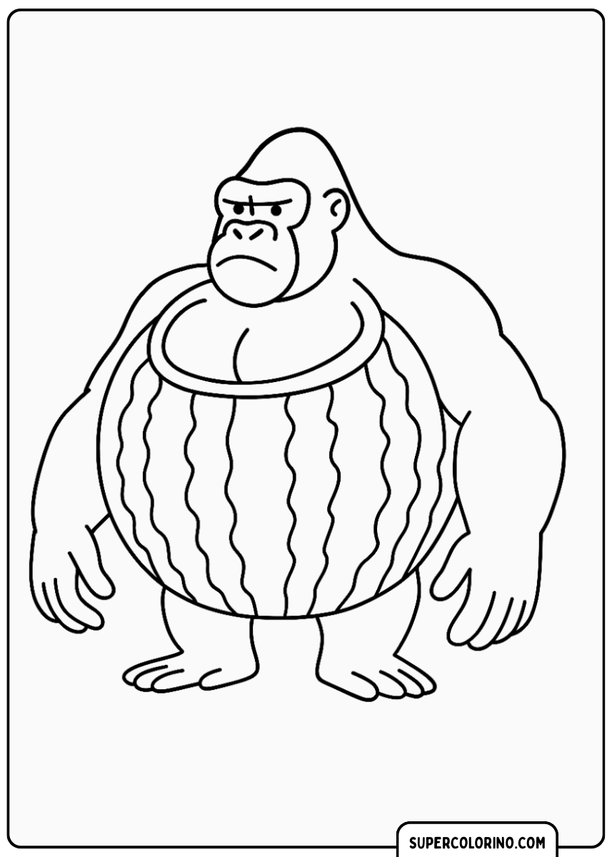 Een gespierde gorilla die een watermeloen vasthoudt.