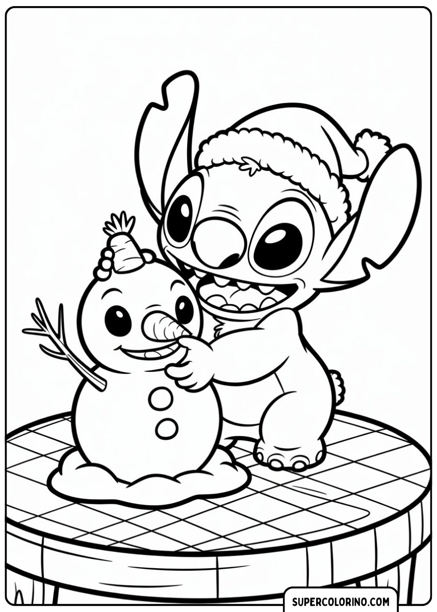 Stitch plongeant dans un bonhomme de neige