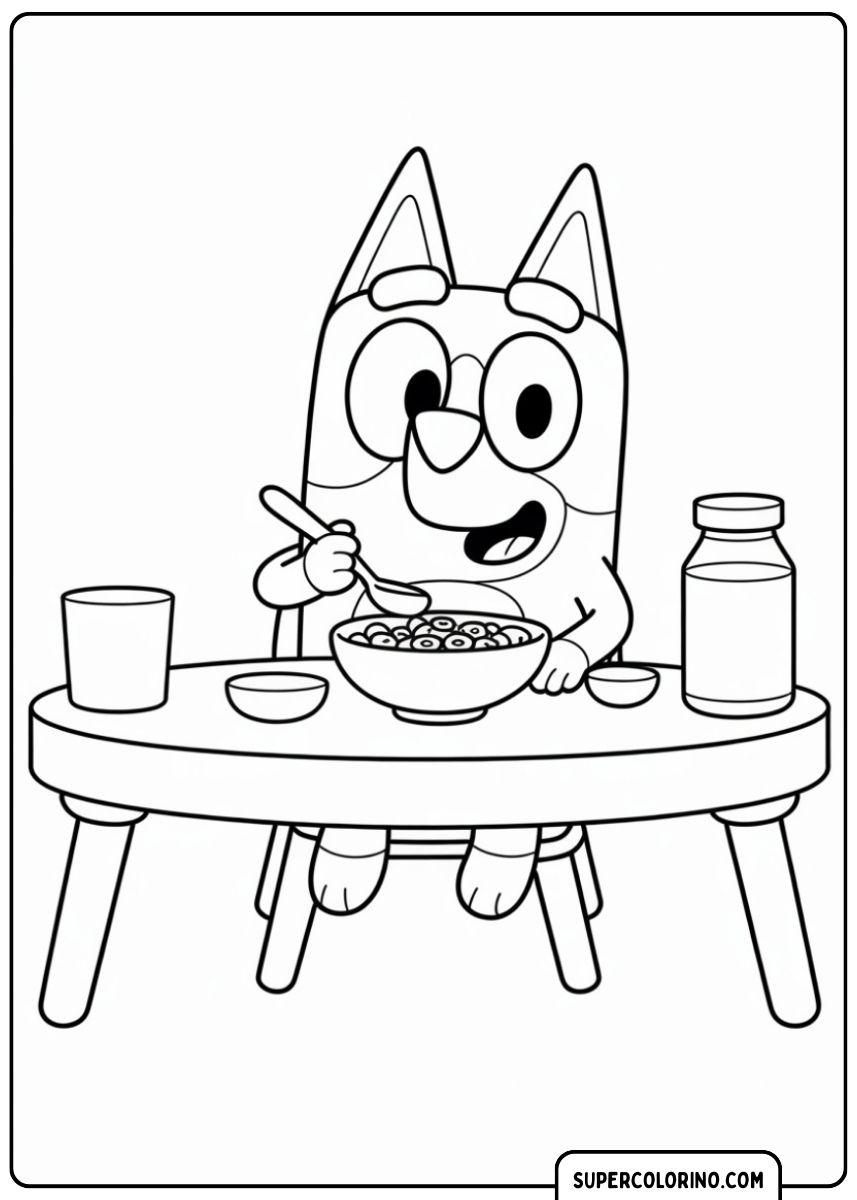 Bluey fa colazione con una ciotola di cereali.