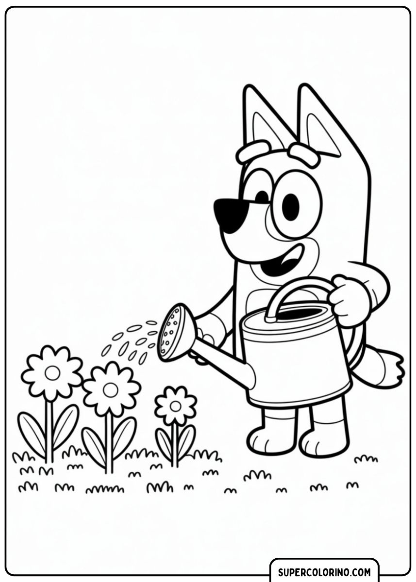 Bluey annaffia i fiori nel giardino.