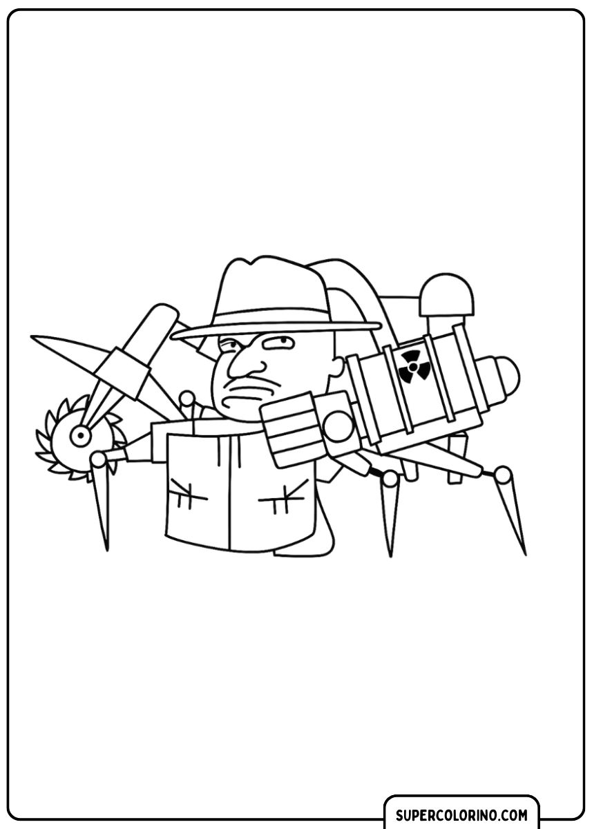 Coloriage d'une variante mécanique des toilettes Skibidi, ressemblant à un réservoir araignée avec un siège de toilette comme cockpit et plusieurs canons.