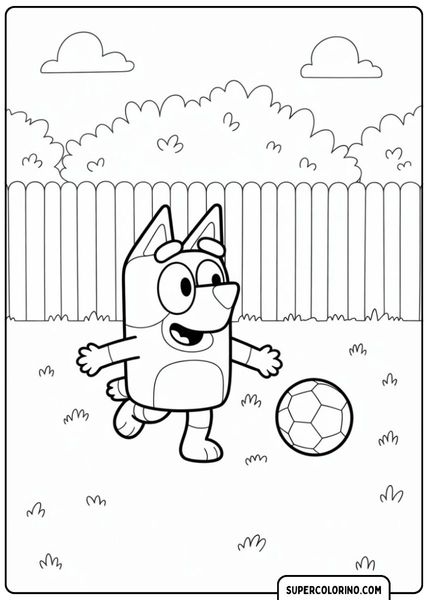 Bluey gioca felice a calcio.