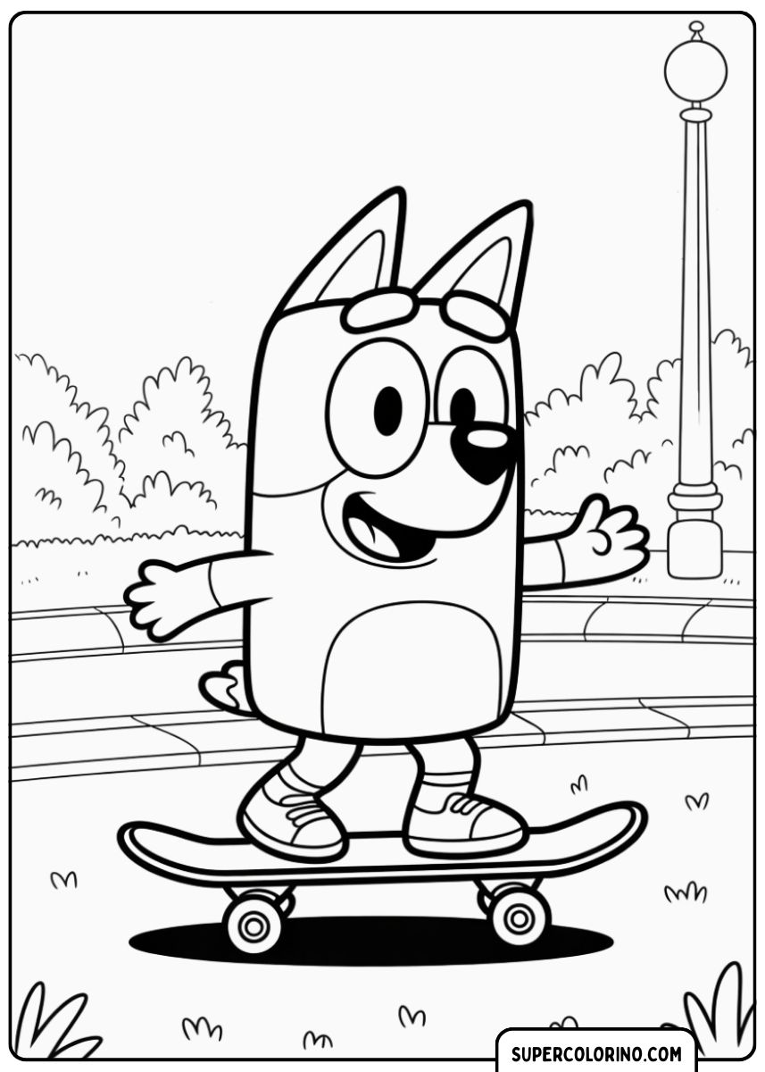 Bluey si diverte con lo skateboard.