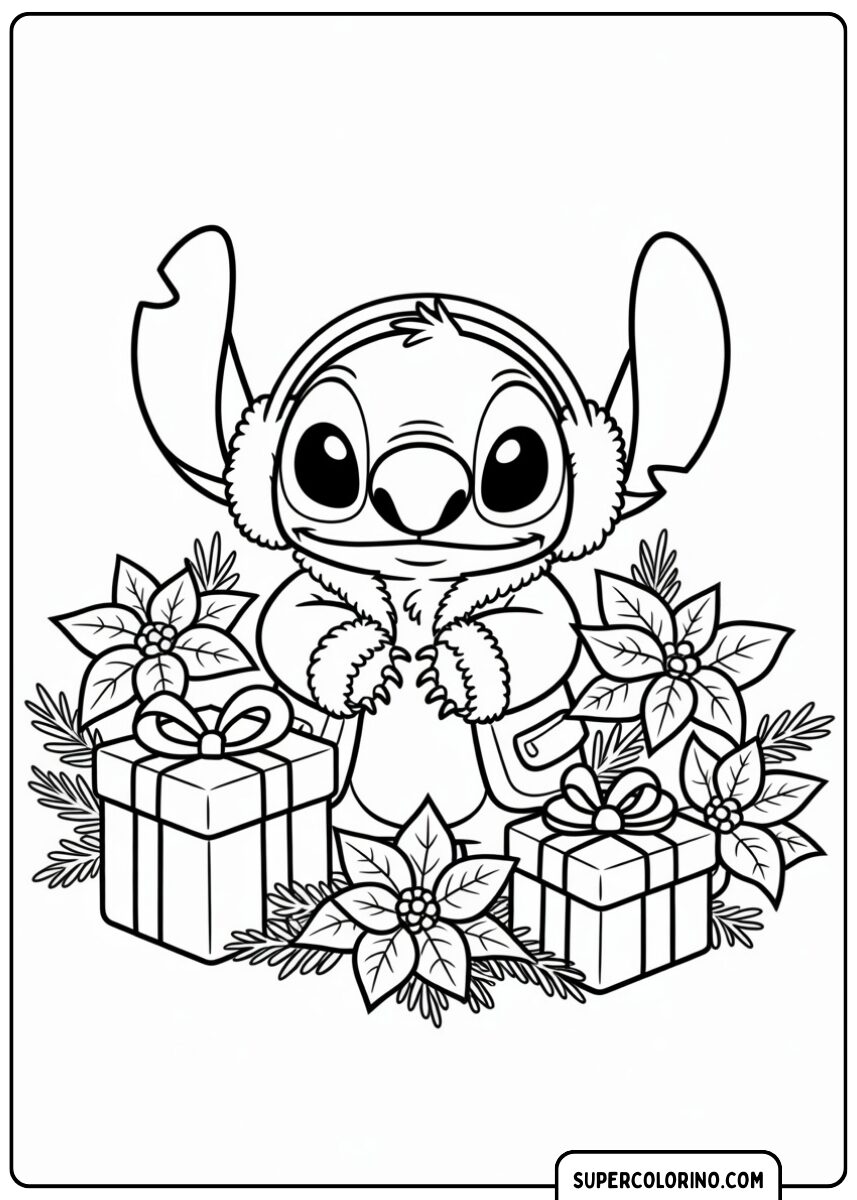 Stitch emballant un cadeau de Noël