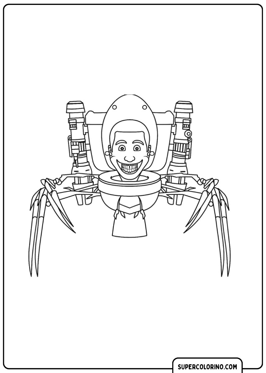 Coloriage d'une Spider Skibidi Toilet, un personnage à tête humaine dans des toilettes, monté sur un corps mécanique doté de multiples pattes pointues en forme d'araignée