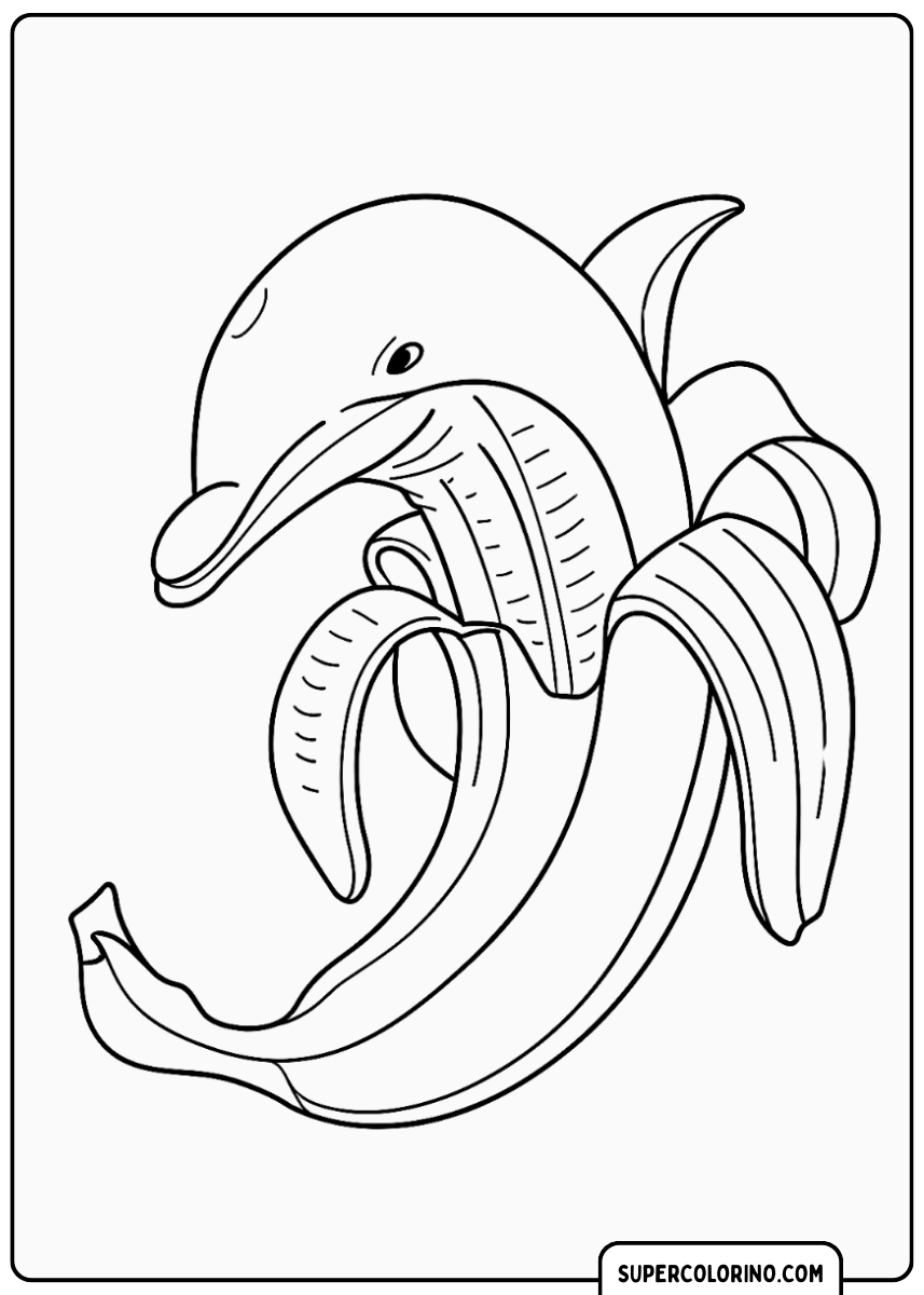Een dolfijn versmolten met een banaan in een absurde vorm.