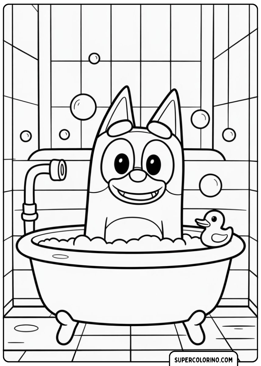 Bluey fa il bagno nella vasca con le bolle di sapone.