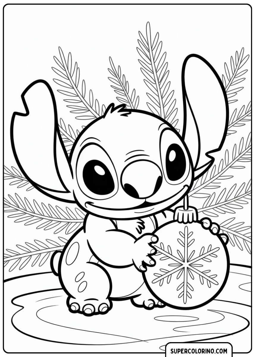 Stitch à côté d'une boule à neige de Noël