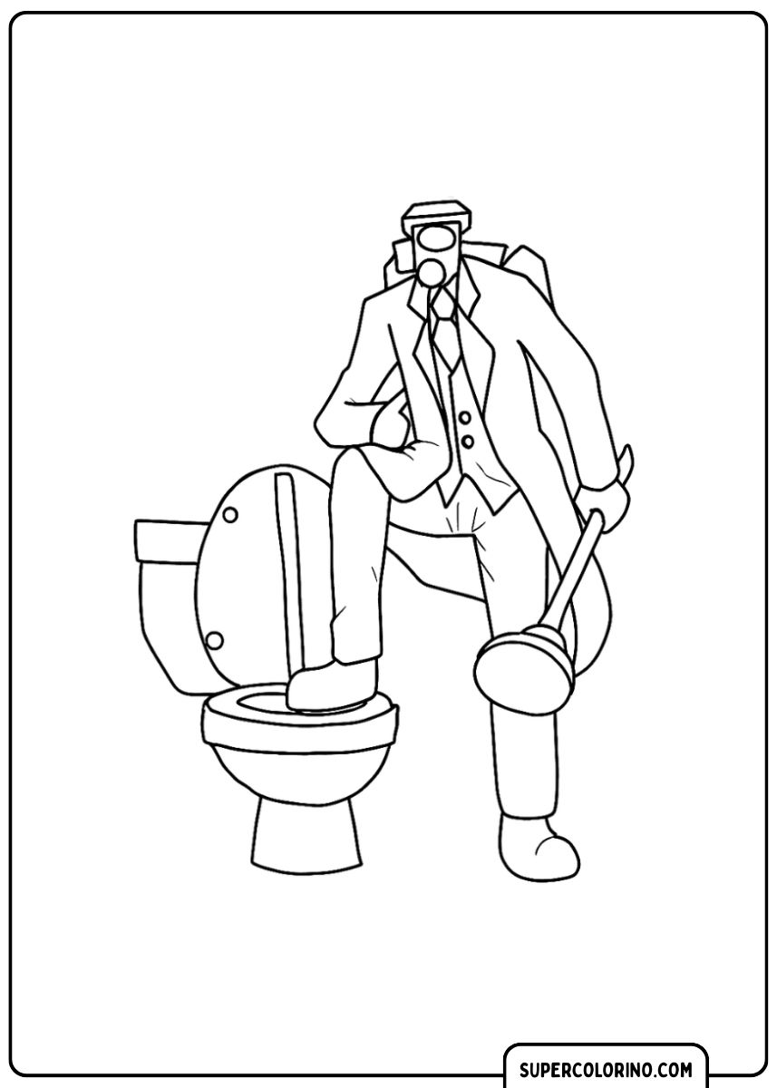 Coloriage du caméraman à piston des toilettes Skibidi, posant héroïquement avec un pied sur les toilettes et tenant un piston.