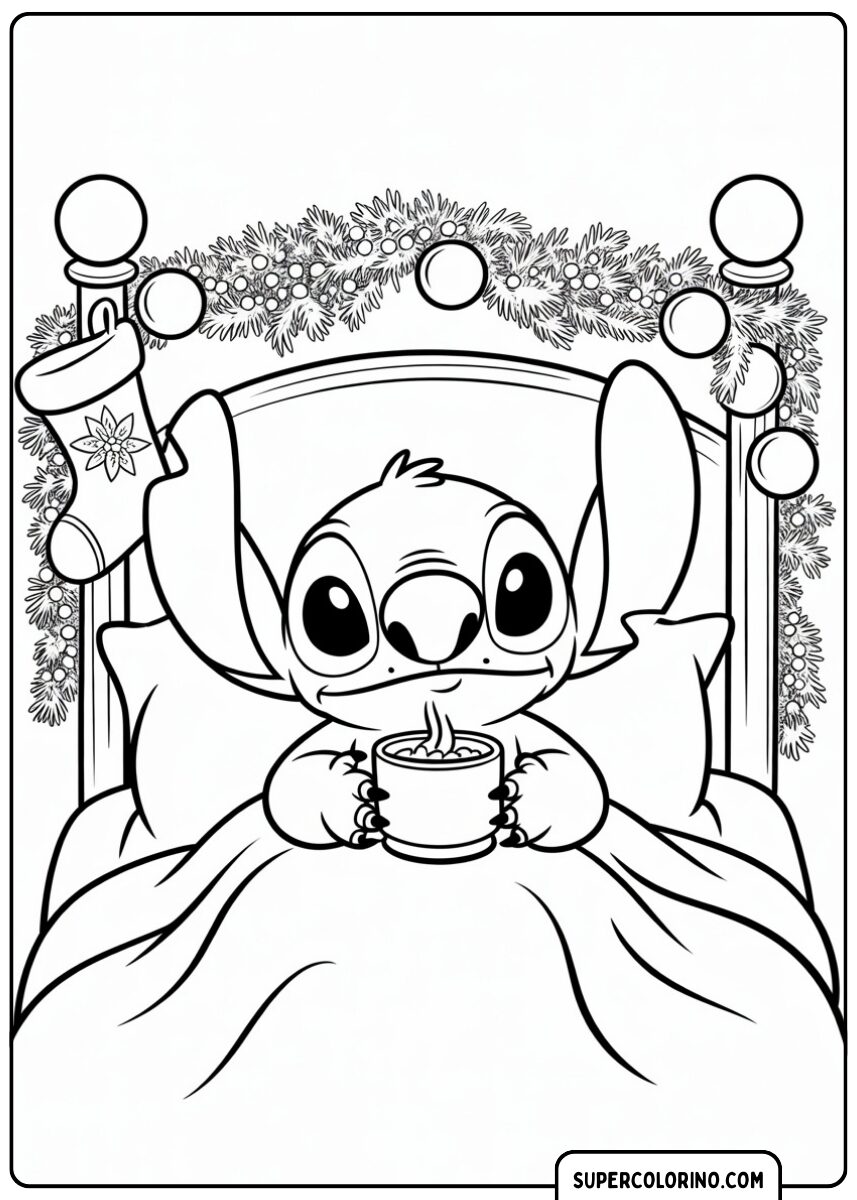 Stitch allongé dans son lit faisant un vœu de Noël