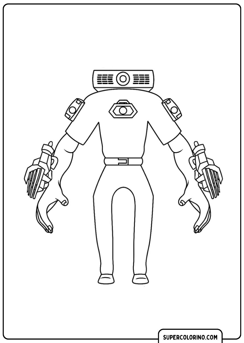 Coloriage d'un Homme Projecteur de Skibidi Toilet, un personnage avec un projecteur de film en guise de tête et des gants blindés sur les mains.