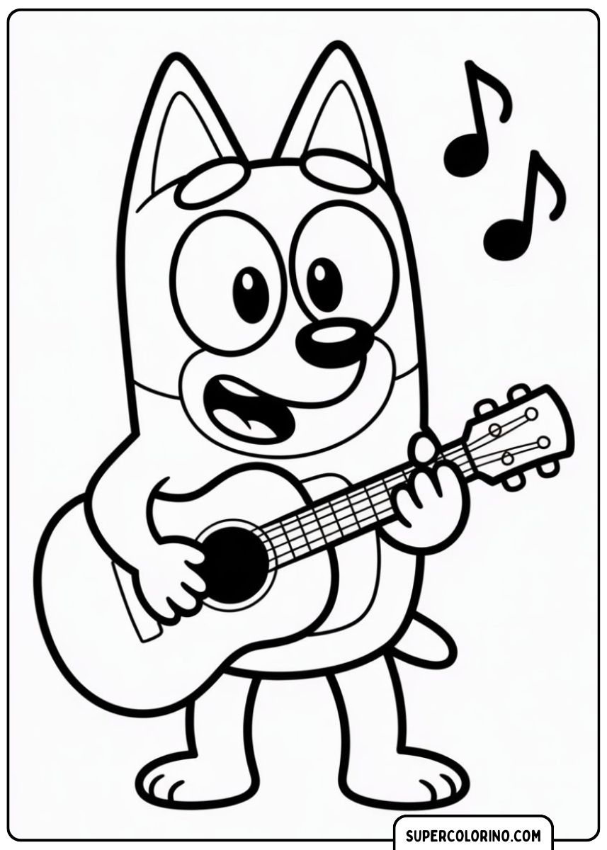 Bluey suona uno strumento musicale con allegria.