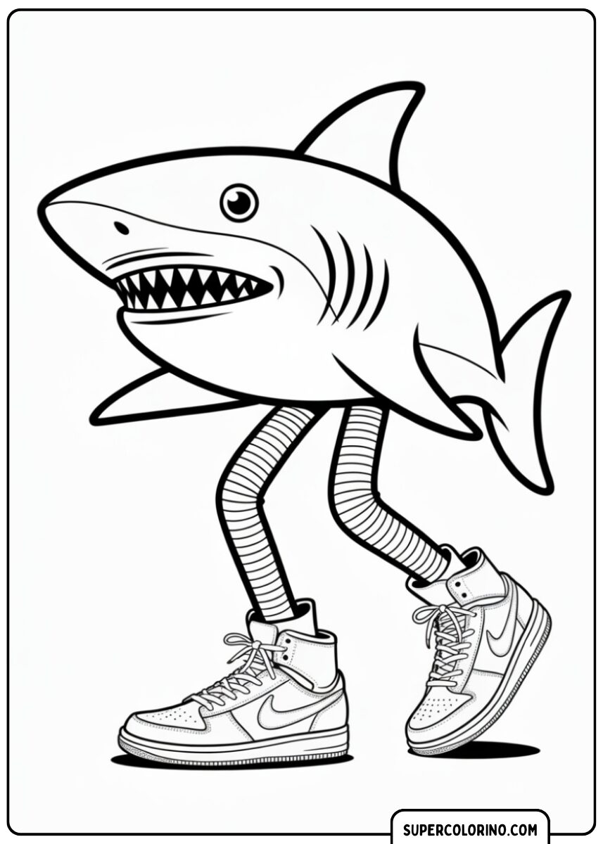 Een driepotige haai, gekleed in sportschoenen, glimlachend.