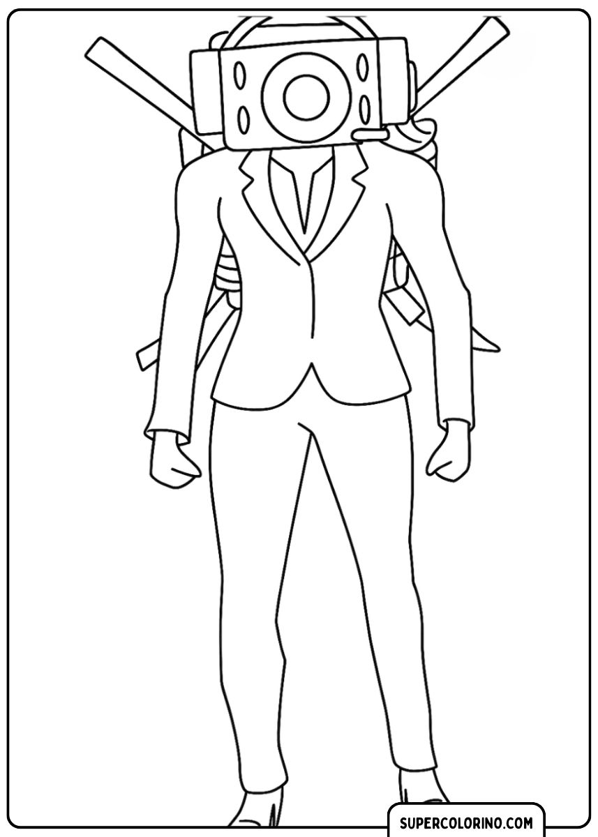 Coloriage Camera Man de Skibidi Toilet, un personnage masculin avec une tête en forme de caméra, vêtu d'un costume moulant.