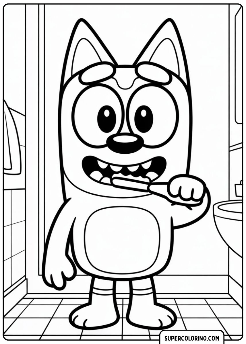 Bluey si lava i denti con lo spazzolino.