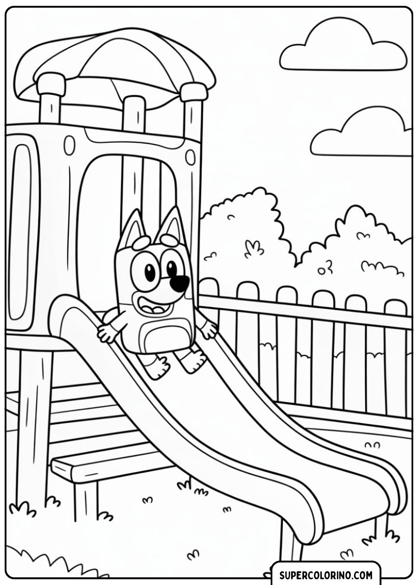 Bluey scivola giù dallo scivolo con gioia.