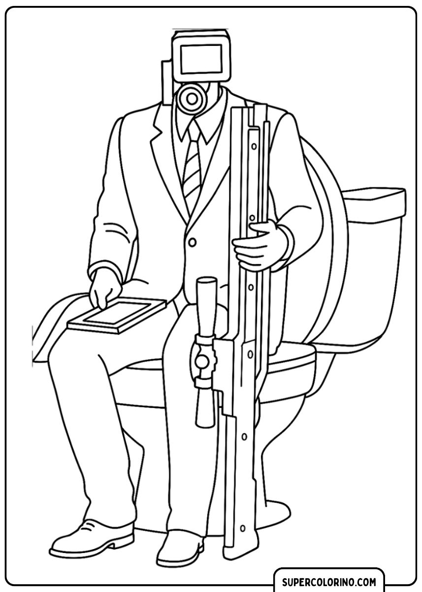 Coloriage d'un personnage de Cameraman en costume assis sur des toilettes, tenant un gros fusil de sniper et une tablette.