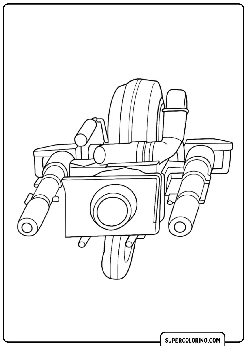 Coloriage d'un personnage de Cameraman en costume assis sur des toilettes, tenant un gros fusil de sniper et une tablette.