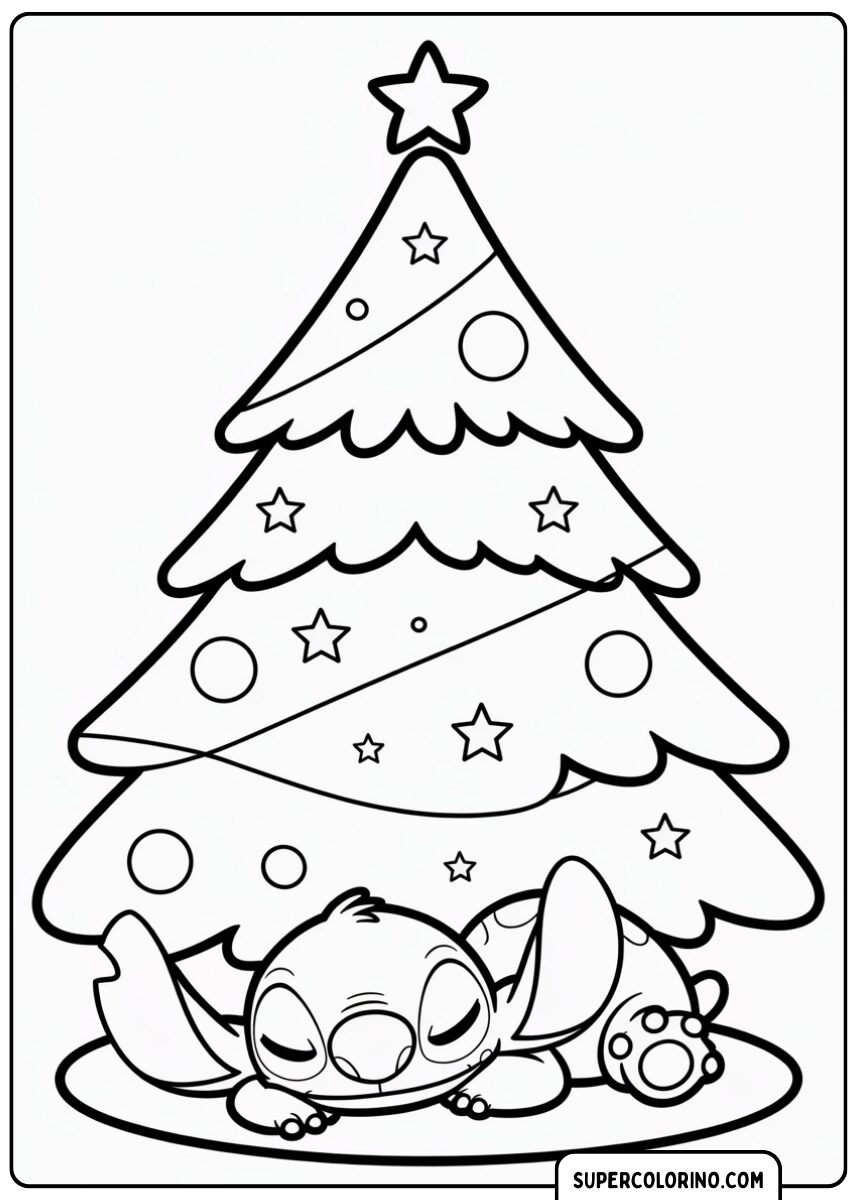 Stitch dort à côté du sapin de Noël