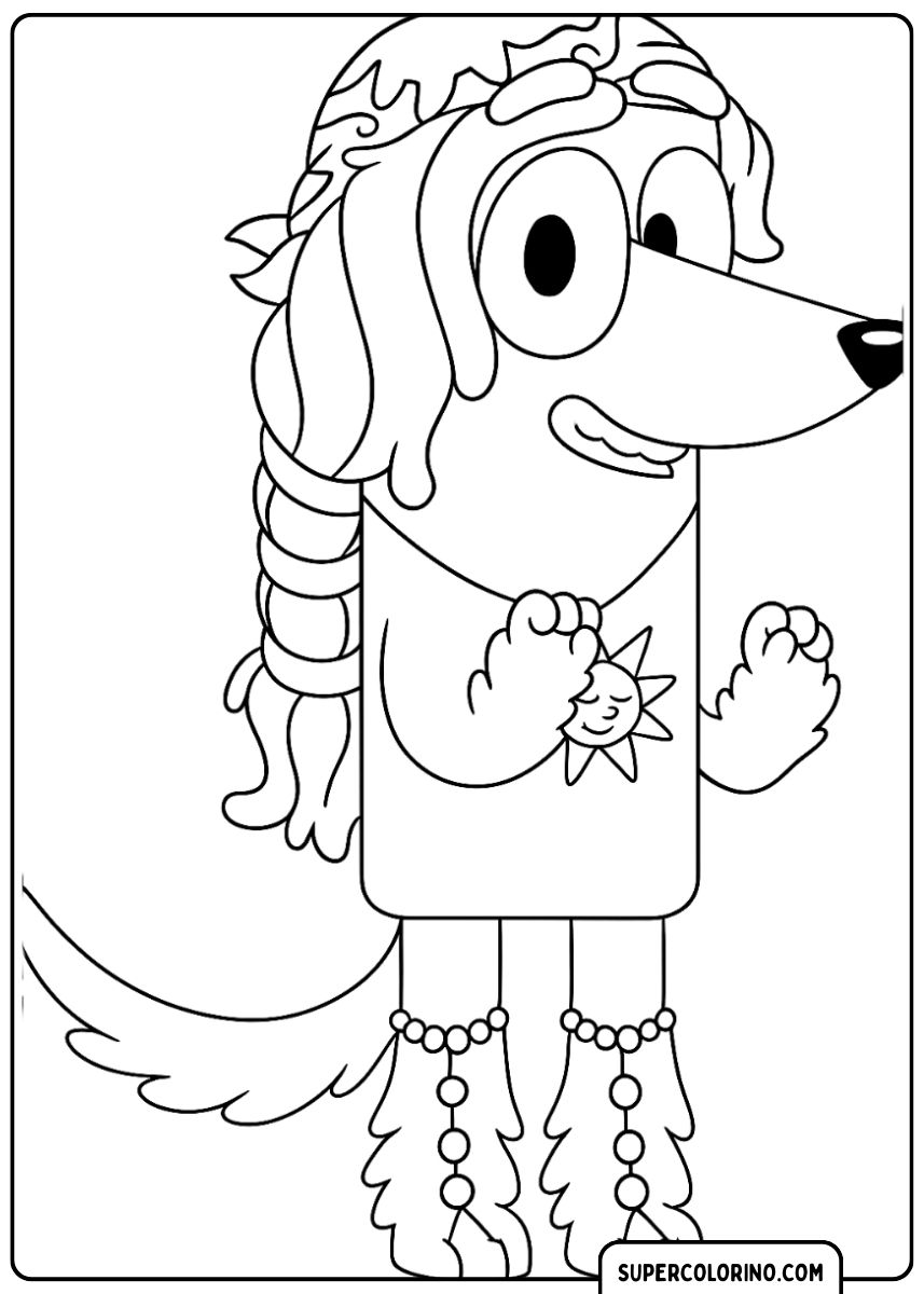 Bluey indossa un vestito e un fiocco, fingendo di essere una ragazza.