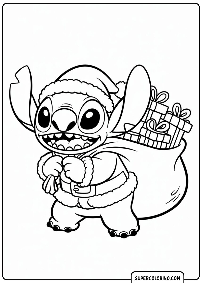 Stitch avec un gros sac de cadeaux de Noël