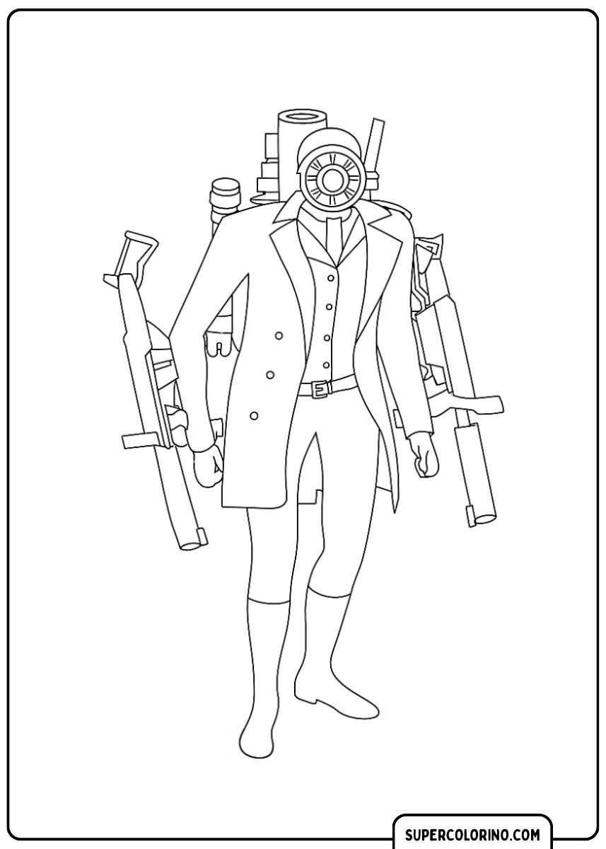 Coloriage d'un caméraman des toilettes de Skibidi portant un costume et de gros écouteurs sur la tête en forme d'appareil photo.