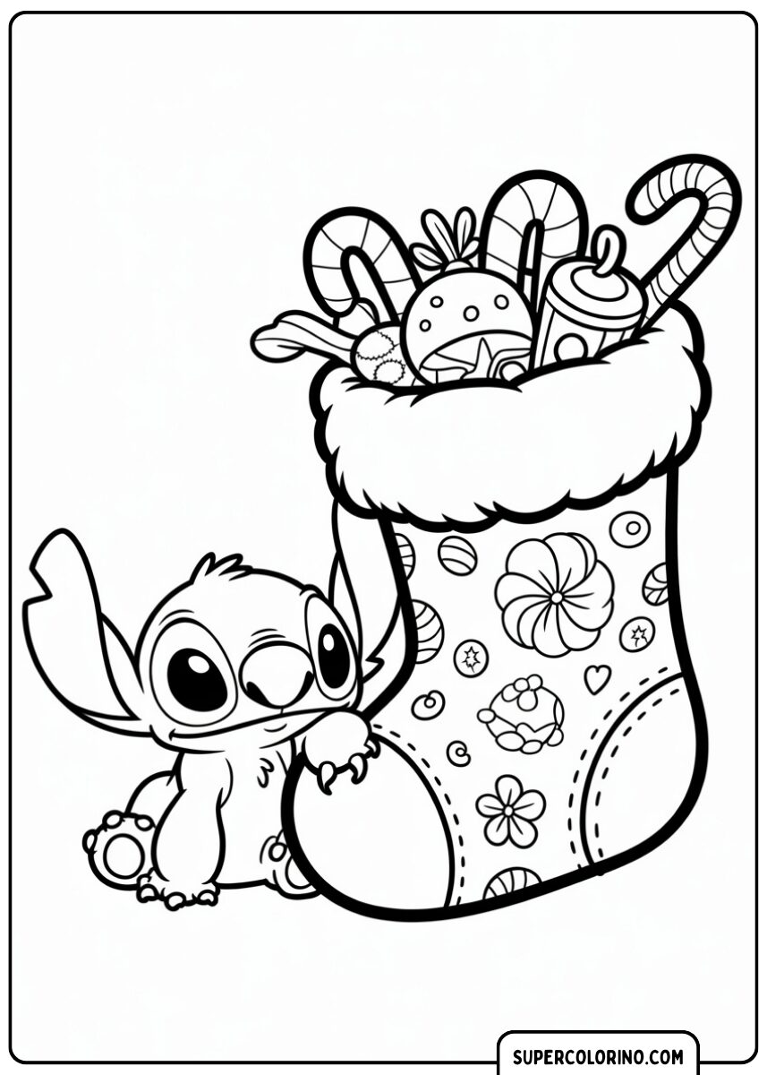 Stitch à côté d'un bas de Noël