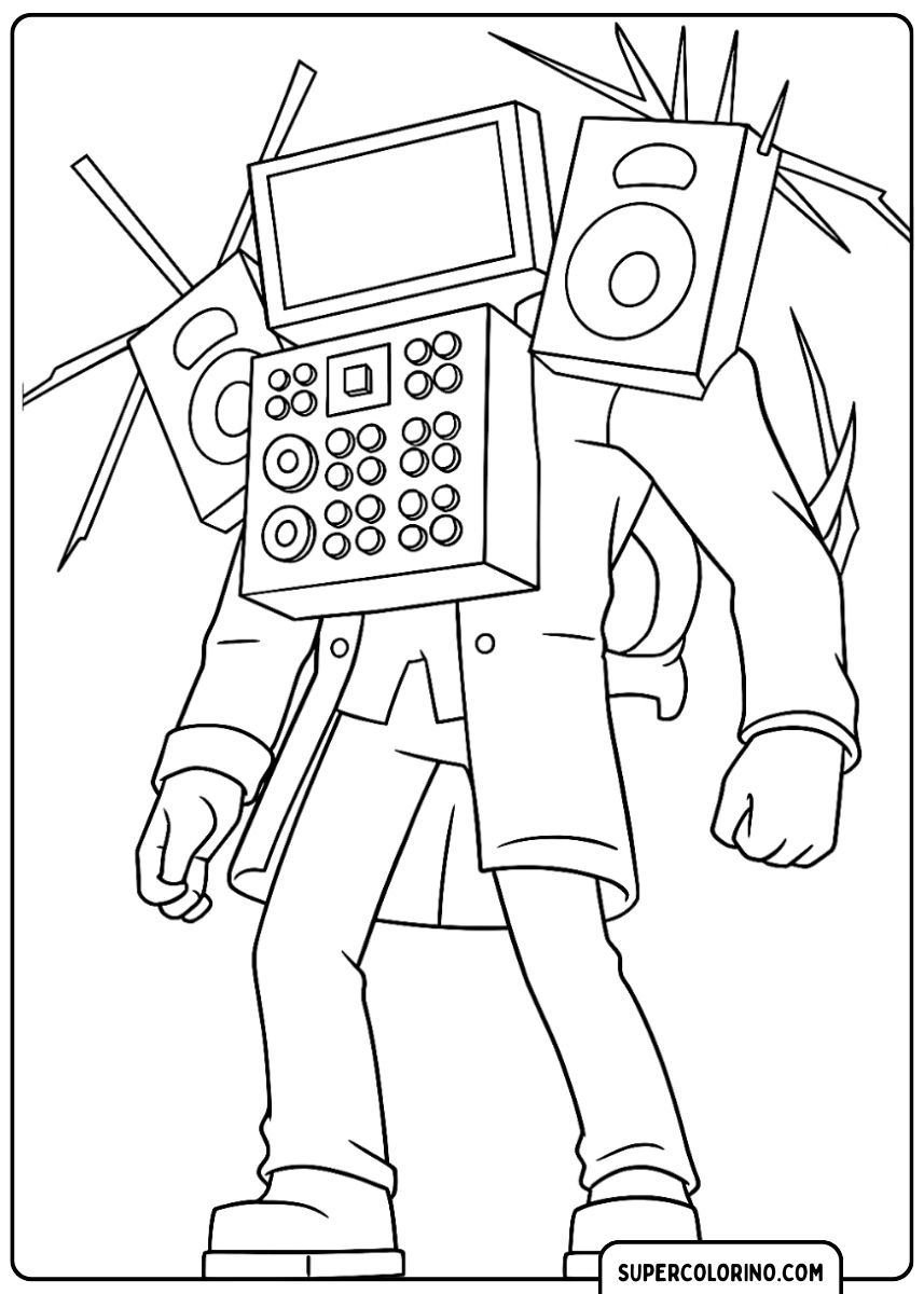 Coloriage du puissant Titan TV Man Enhanced par Skibidi Toilet, avec une tête TV, des haut-parleurs sur les épaules et un panneau de commande sur la poitrine.
