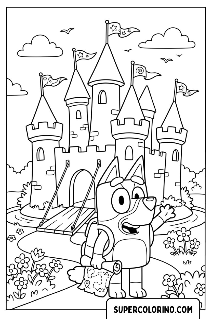 Bluey davanti a un grande castello medievale da colorare