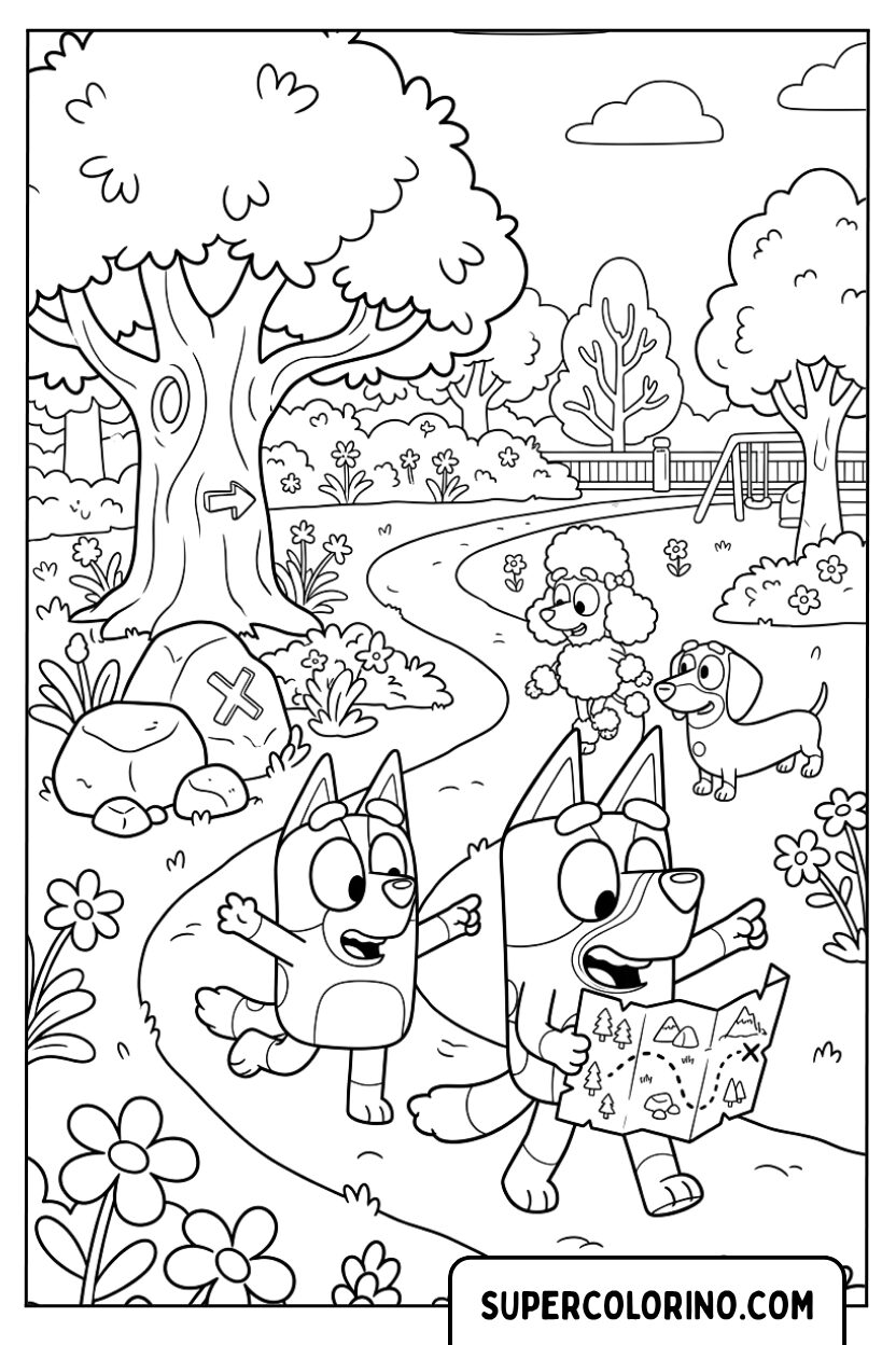 Bluey e Bingo in una caccia al tesoro nel parco da colorare