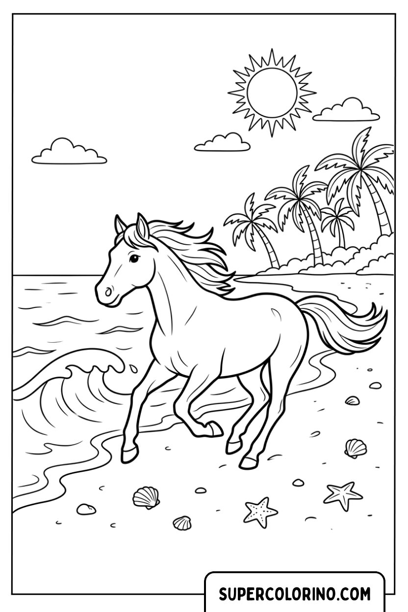 Cheval au galop sur la plage : coloriages pour enfants