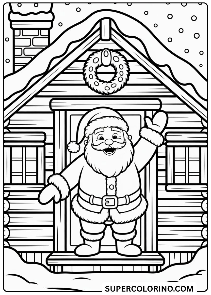 Male den Weihnachtsmann vor dem verschneiten Haus aus