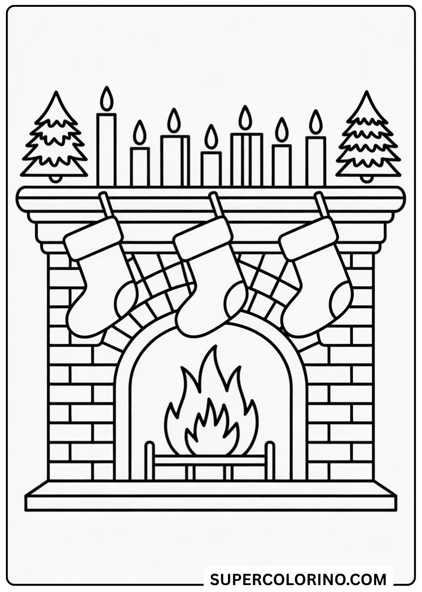 Malvorlage „Der Weihnachtskamin mit Strümpfen und Kerzen“.