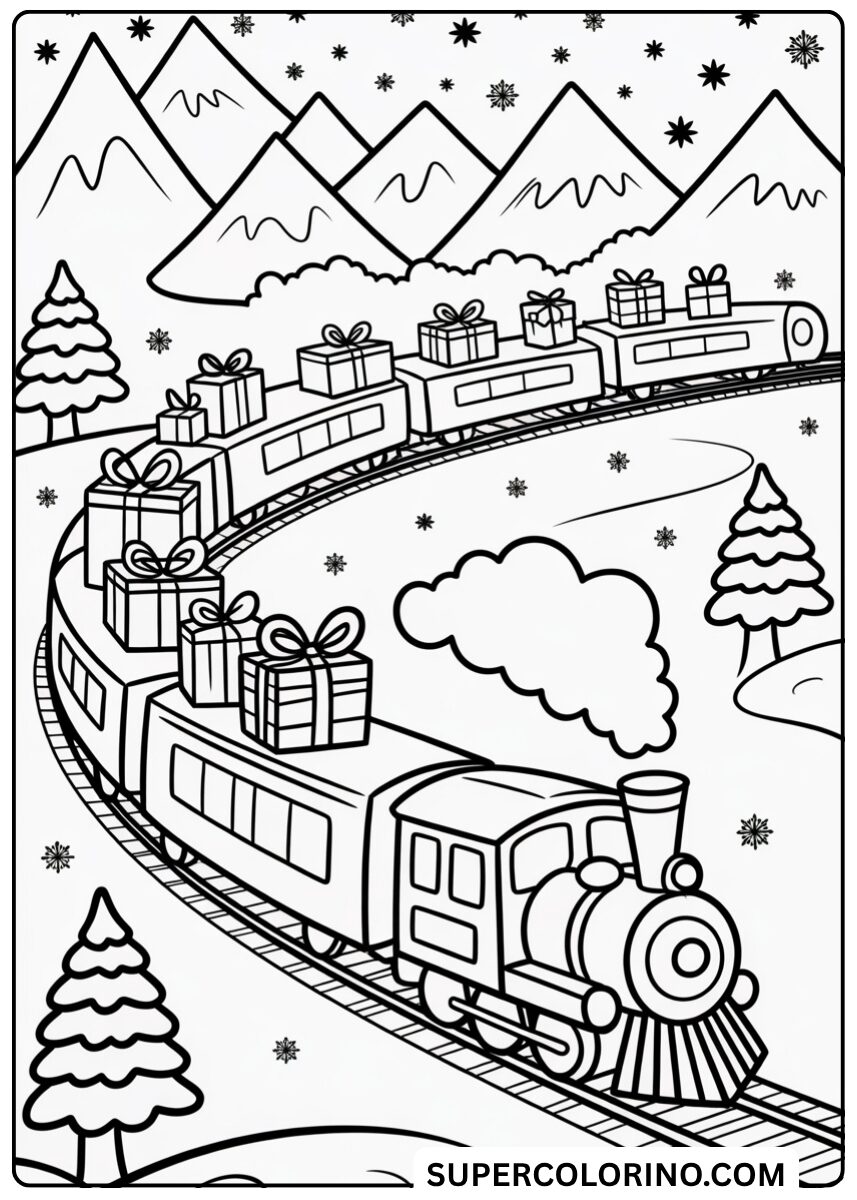 Ausmalbild: Die Weihnachtsgeschenk-Eisenbahn zum Ausmalen