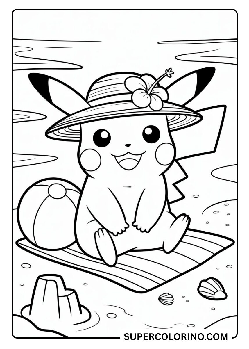 Färbe Pikachu am Meer mit dem Hut