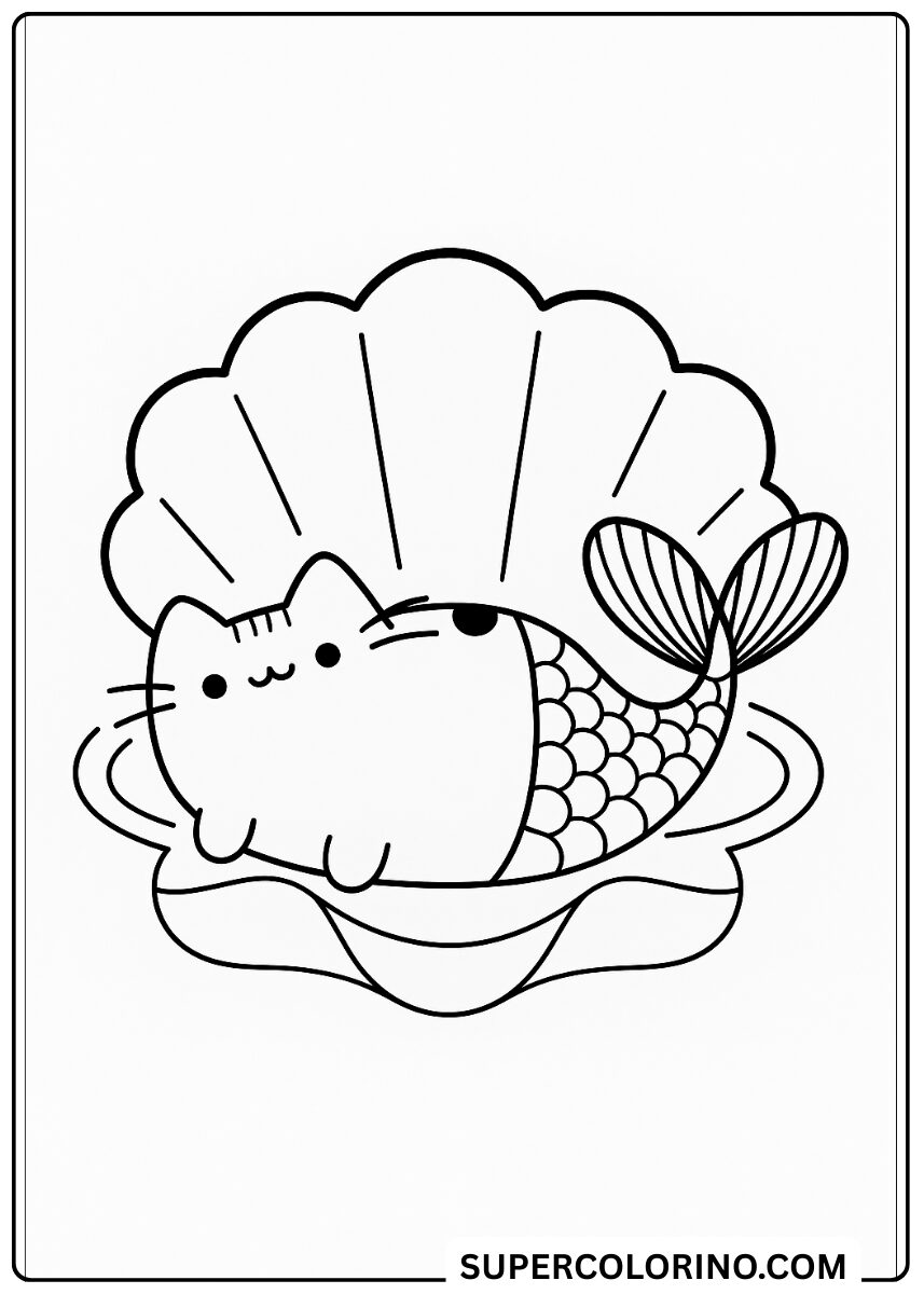 Pusheen zeemeermin in de schelp kleurplaat