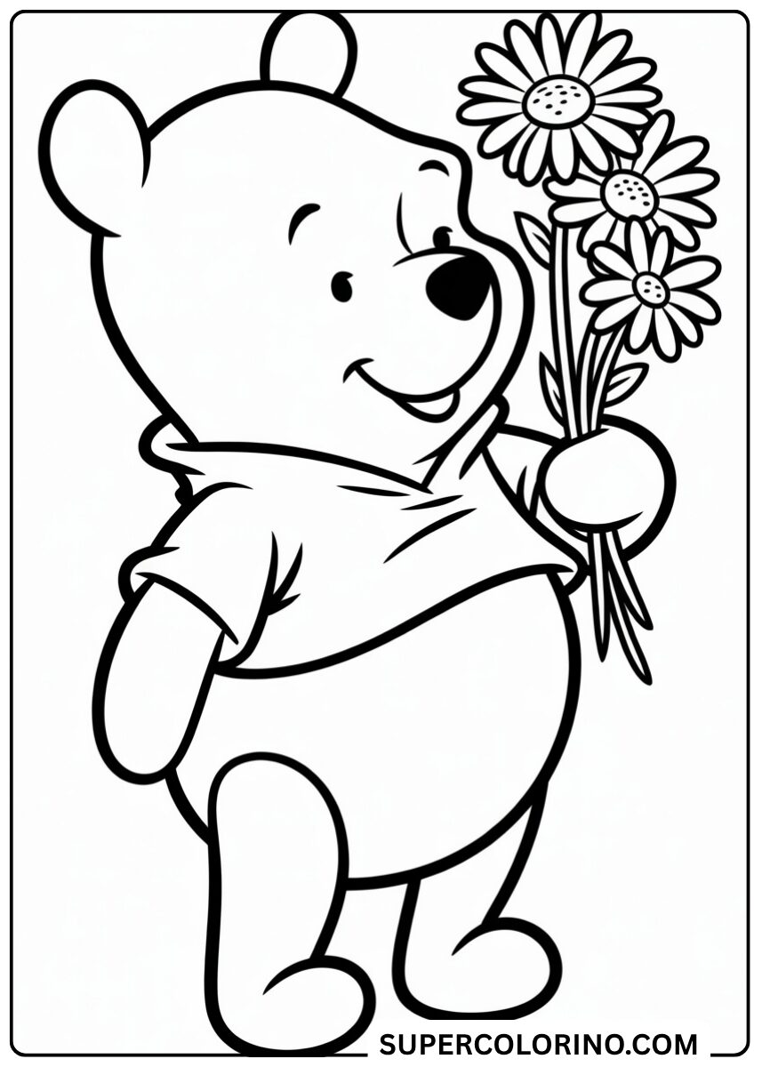 Colora Winnie the Pooh con il mazzo di fiori