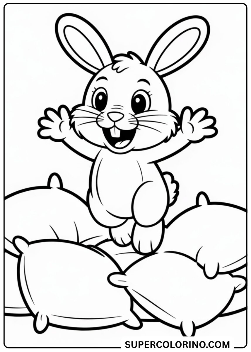 Lapin de couleur sautant sur des oreillers