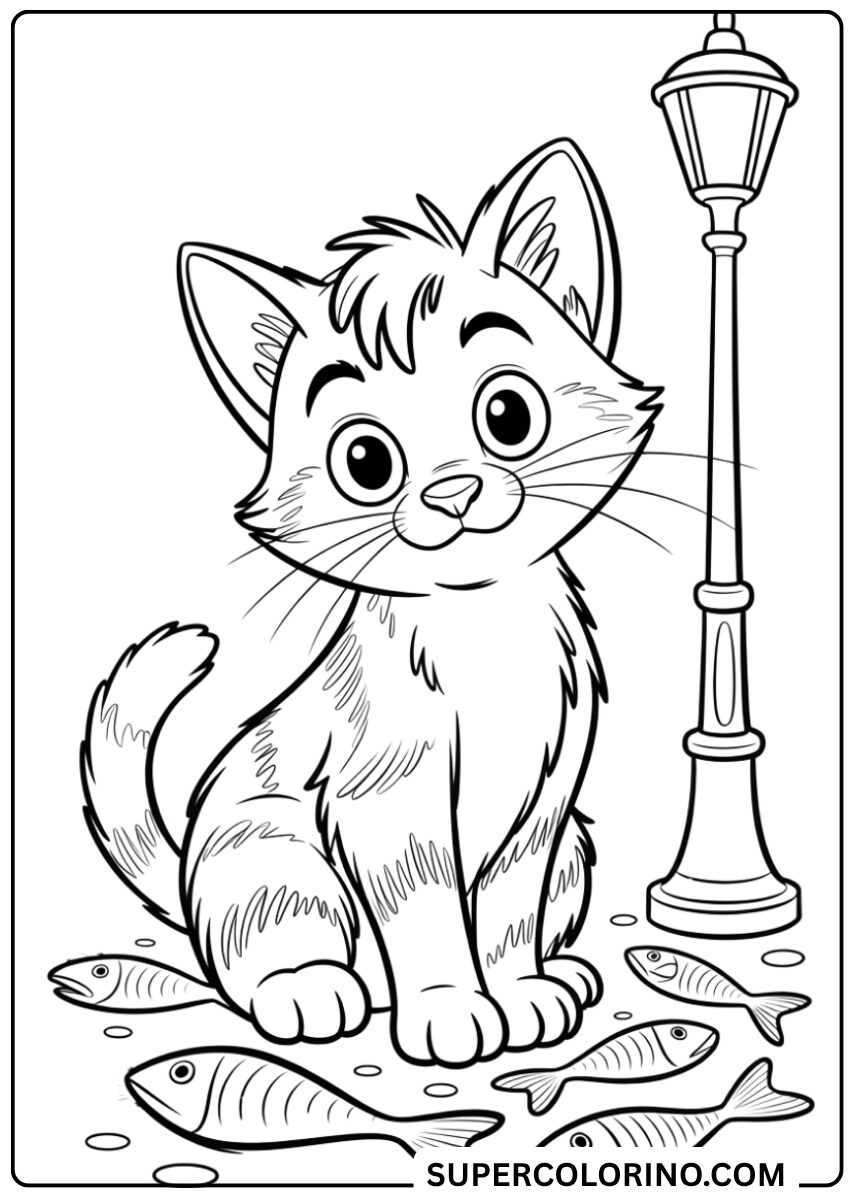 Chaton de couleur près du réverbère et du poisson