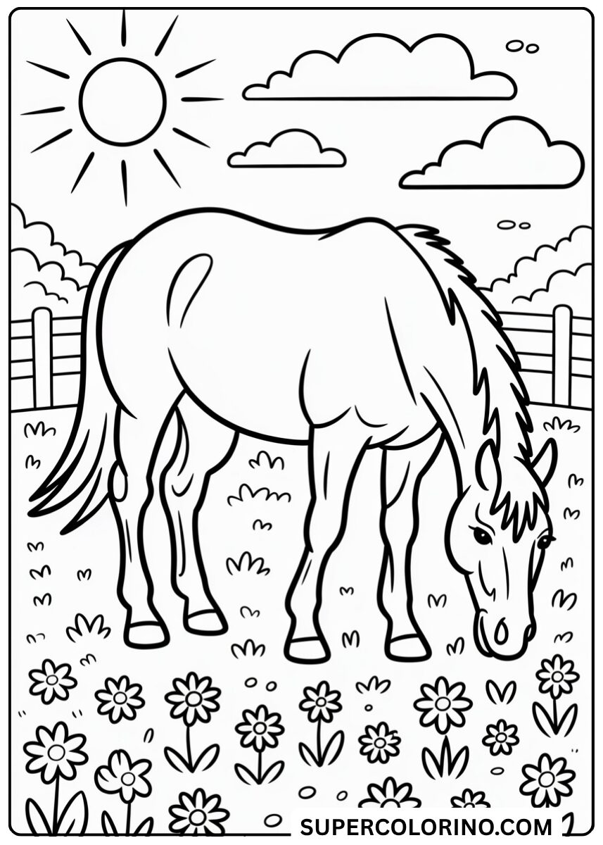 Colorie le cheval qui mange l'herbe