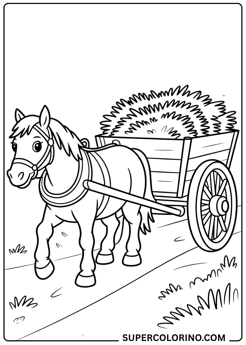 Colorie le cheval avec la charrette à foin