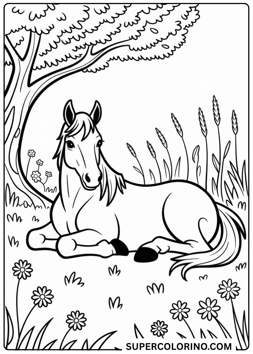 Colorie le cheval couché dans le pré