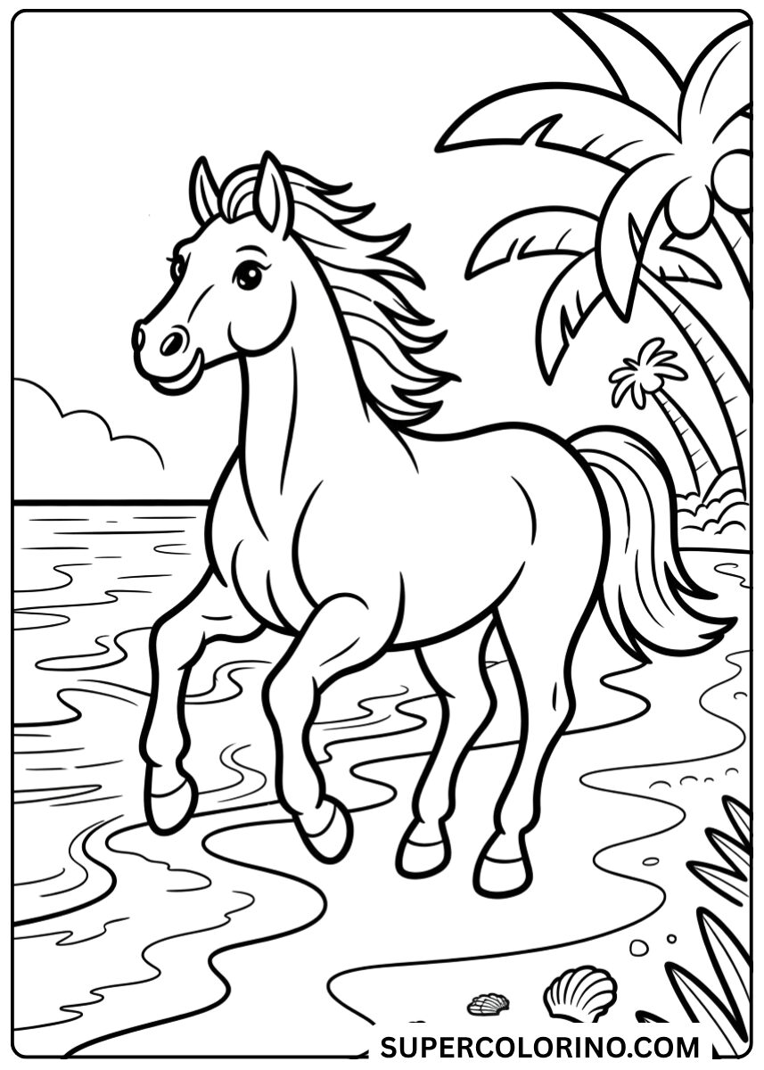 Colorie le cheval sur la plage