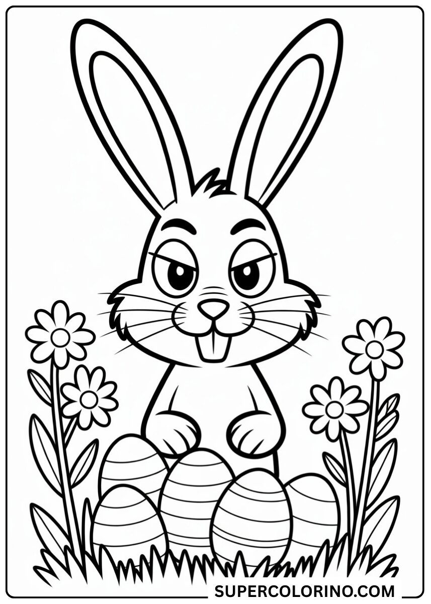 Male den Hasen zwischen Blumen und Eiern aus