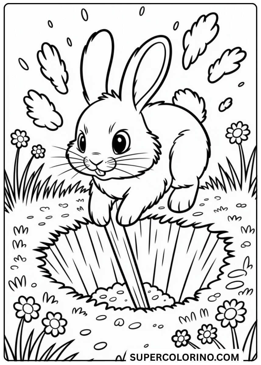 Colorie le lapin qui saute dans le trou