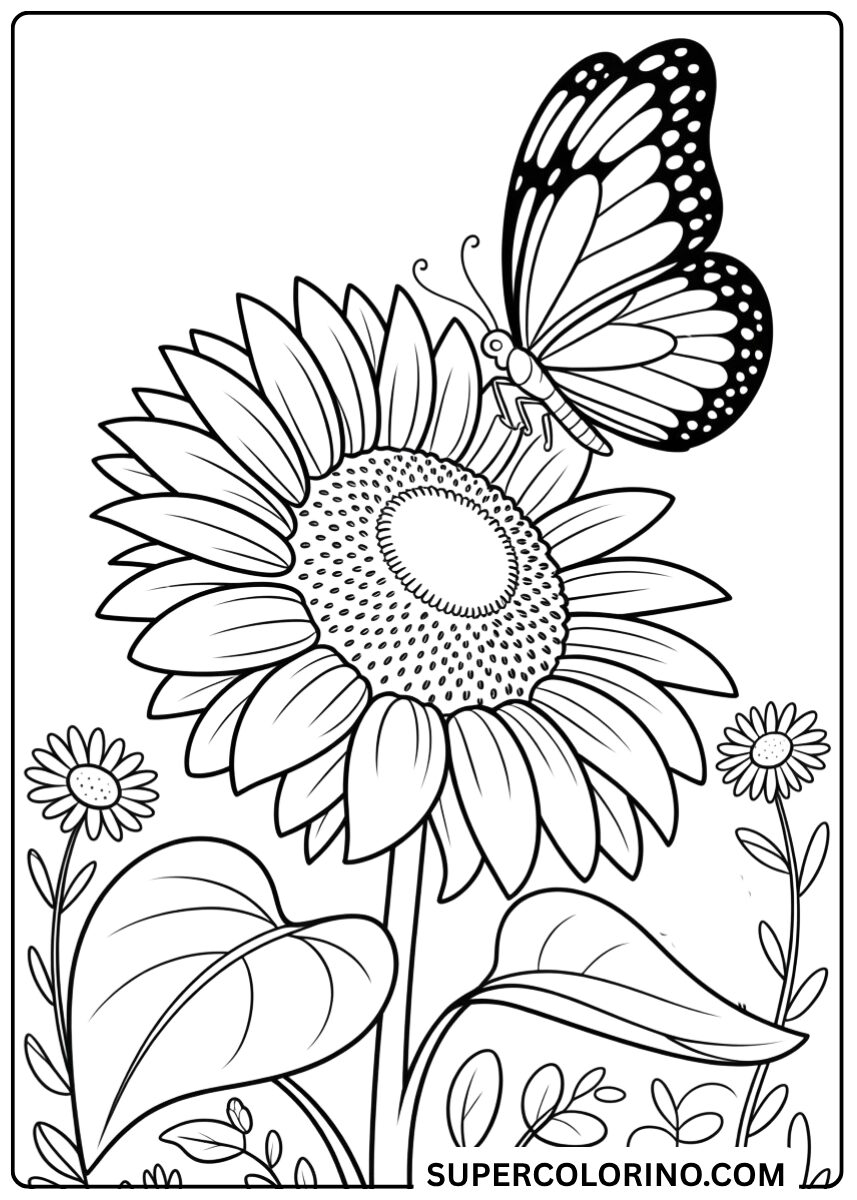Colora il girasole con la farfalla